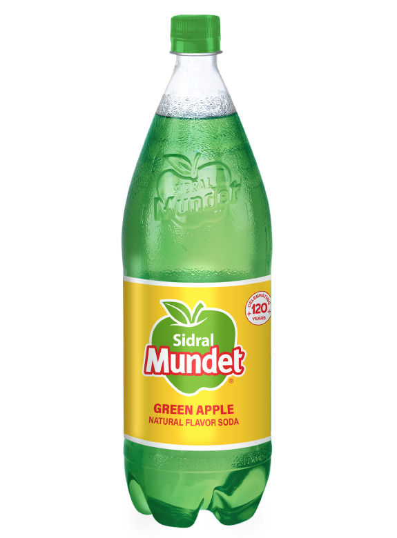1.5L plastic bottle of Sidral Mundet Green Apple soda with a vibrant green hue, yellow label, and red logo—celebrating over 120 years of authentic apple flavor made in Mexico.