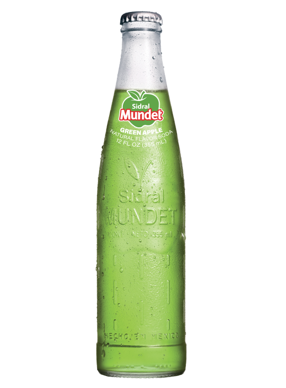 Chilled 12 fl oz glass bottle of Sidral Mundet Green Apple soda with a silver cap and embossed logo—featuring a vibrant green hue and natural apple flavor, made in Mexico.