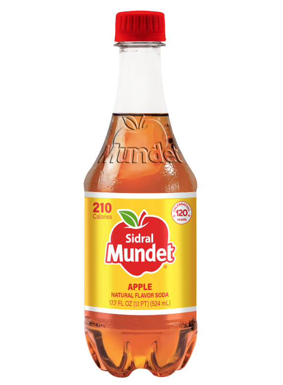Sidral Mundet Apple soda in a 524 mL PET bottle with red cap and yellow label, featuring the red apple logo and a badge for 120 years of Mexican tradition; 210 calories per serving.