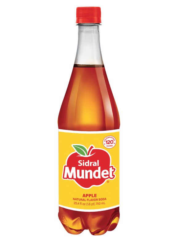 Sidral Mundet Apple soda in a 750 mL plastic bottle with a red cap and yellow label, featuring the iconic red apple logo and a badge celebrating over 120 years of authentic Mexican flavor.