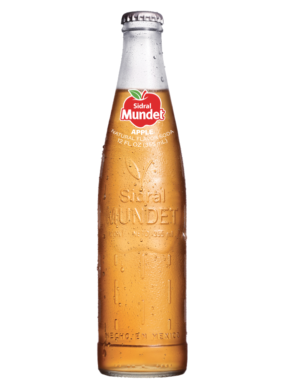 12 fl oz glass bottle of Sidral Mundet Apple soda with condensation, showcasing its crisp, natural apple flavor and iconic 'Hecho en México' embossing.