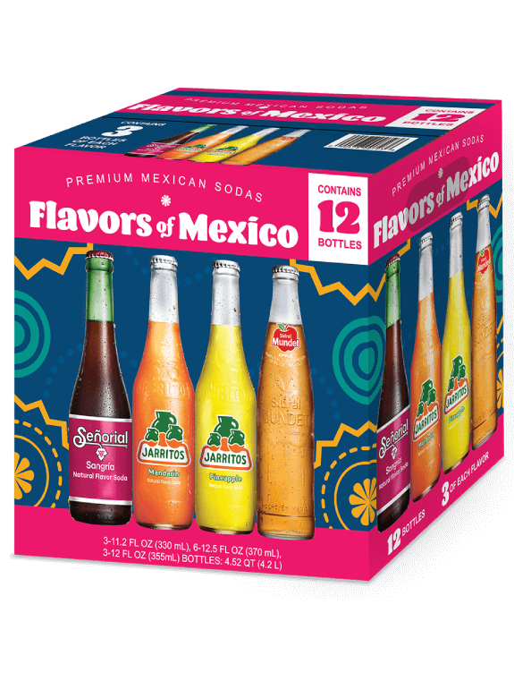 Colorful 12-pack of “Flavors of Mexico” premium sodas featuring iconic Mexican brands: Sangría Señorial, Jarritos Mandarin and Pineapple, and Sidral Mundet Apple Soda. A vibrant variety pack highlighting authentic Mexican flavor and tradition in glass bottles.