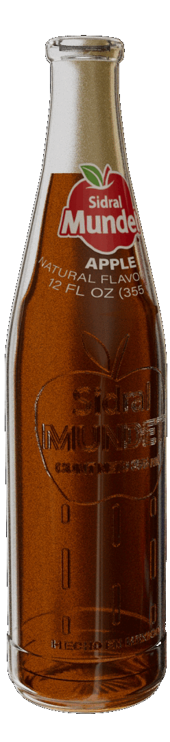 Animated Sidral Mundet apple soda bottle spinning to showcase its iconic red label, glass texture, and heritage branding — highlighting the refreshing, authentic Mexican apple soda loved for over 120 years.